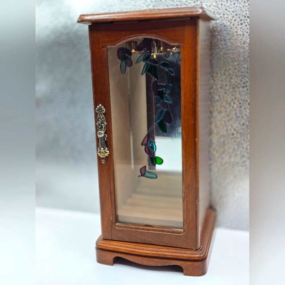 Vintage Farrington Wooden Armoire Jewelry Cabinet with Mirror and Stained Glass